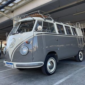 1961 VW Bus 21 Windows Camper restored — exterior front view — Buses'n Bugs classic VW dealer Houston TX