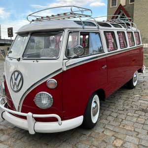 1974 VW Bus 23 Windows Camper Available April 2026 restored — exterior front view — Buses'n Bugs classic VW dealer Houston TX